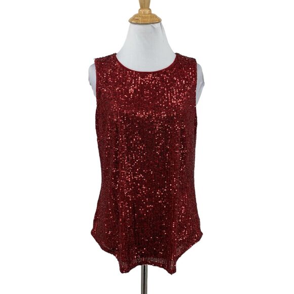 DKNY Tank Top Womens S Small Ruby Sequined Round Neck Sleeveless Keyhole Lined - Picture 1 of 13